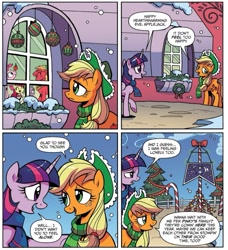 Size: 973x1069 | Tagged: safe, artist:brenda hickey, idw, official comic, apple bloom, applejack, big macintosh, pinkie pie, spike, twilight sparkle, alicorn, dragon, earth pony, pony, g4, spoiler:comic, spoiler:comicholiday2017, candy, candy cane, equestria flag, food, lonely, snow, sweet apple acres, twilight sparkle (alicorn), winter