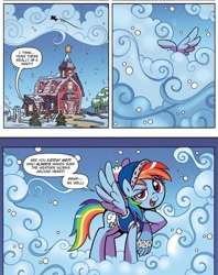 Size: 970x1226 | Tagged: safe, artist:brenda hickey, idw, official comic, rainbow dash, pegasus, pony, g4, spoiler:comic, spoiler:comicholiday2017, clothes, cloud, flying, implied apple bloom, sky, snow, solo, sweet apple acres, winter