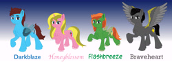 Size: 10673x3837 | Tagged: safe, artist:miipack603, oc, oc only, oc:aurora honeyblossom, oc:dusky braveheart, oc:ivy flashbreeze, oc:jasper darkblaze, pegasus, pony, unicorn, g5, amputee, artificial wings, augmented, black mane, black tail, blonde mane, blonde tail, brown mane, brown tail, cutie mark, cybernetic wings, equine, eyelashes, female, gradient background, group, horn, looking at you, male, mare, multicolored mane, orange mane, orange tail, prosthetic limb, prosthetic wing, prosthetics, raised leg, smiling, smiling at you, smirk, spread wings, stallion, tail, text, unshorn fetlocks, updated design, white sclera, wing brace, wings