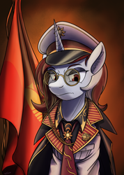 Size: 1668x2338 | Tagged: safe, artist:buckweiser, oc, oc:red rocket, unicorn, equestria at war mod, angry, badge, cap, clothes, flag, glasses, gradient background, hat, horn, looking at you, serious, uniform