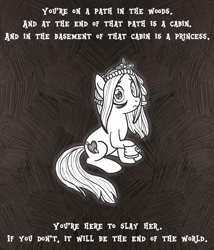 Size: 1470x1715 | Tagged: safe, artist:snowflake_pone, oc, oc only, earth pony, pony, g4, chained, chains, female, glowing, jewelry, manga, manga style, mare, monochrome, slay the princess, solo, text, tiara