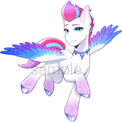 Size: 2500x2500 | Tagged: safe, artist:xiaowu07, zipp storm, pegasus, pony, g5, ear piercing, female, jewelry, looking at you, mare, necklace, obtrusive watermark, piercing, sample, simple background, smiling, solo, sparkly hooves, sparkly mane, sparkly wings, spread wings, unshorn fetlocks, watermark, white background, wings