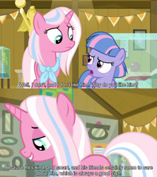 Size: 1280x1440 | Tagged: safe, edit, edited screencap, editor:jaredking779, screencap, clear sky, wind sprint, pegasus, pony, unicorn, common ground, g4, season 9, caption, clothes, dialogue, duo, duo female, female, filly, foal, folded wings, horn, indoors, looking at each other, looking at someone, mare, mother and child, mother and daughter, museum, neckerchief, open mouth, picture frame, scarf, smiling, statue, text, wings