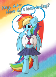 Size: 2000x2750 | Tagged: safe, artist:hcl, rainbow dash, pegasus, pony, semi-anthro, g4, backwards cutie mark, cheek fluff, clothes, cutie mark background, ear fluff, female, gradient background, mare, midriff, sailor uniform, solo, uniform