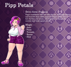 Size: 6347x6048 | Tagged: safe, artist:jackudoggy, pipp petals, human, g5, abstract background, adipipp, big breasts, breasts, chubby, chubby pipp, clothes, fat, female, gradient background, humanized, jewelry, pipp is chubby, pipp is short, reference sheet, skirt, solo, text, tiara