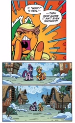 Size: 2468x4020 | Tagged: safe, artist:brenda hickey, idw, official comic, applejack, twilight sparkle, alicorn, earth pony, pony, g4, spoiler:comic, spoiler:comicholiday2017, ponyville, snow, twilight sparkle (alicorn), winter