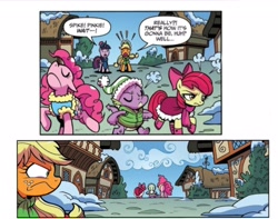 Size: 4020x3169 | Tagged: safe, artist:brenda hickey, idw, official comic, apple bloom, applejack, pinkie pie, spike, twilight sparkle, alicorn, dragon, earth pony, pony, g4, spoiler:comic, spoiler:comicholiday2017, apple bloom is not amused, applejack is not amused, pinkie pie is not amused, ponyville, snow, spike is not amused, twilight sparkle (alicorn), unamused, winter