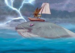 Size: 4093x2894 | Tagged: safe, artist:addy, oc, oc only, oc:intersepter, pegasus, pony, whale, boat, harpoon, lightning, ocean, pegasus oc, rain, solo, storm, swimming, water, weapon, wet