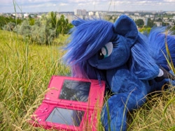 Size: 4656x3492 | Tagged: photographer needed, safe, artist:trueheartcraft, princess luna, alicorn, g4, female, grass, irl, mare, nintendo ds, nintendo dsi, photo, plushie, solo