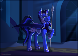 Size: 1600x1159 | Tagged: safe, artist:parrpitched, oc, oc only, oc:guard cobalt flash, bat pony, armor, bat pony oc, helmet, night, night guard, rug, solo, spear, weapon