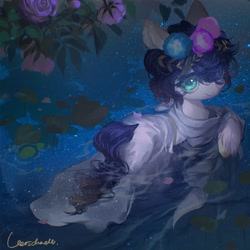 Size: 1920x1920 | Tagged: safe, artist:tingsan, oc, oc only, earth pony, pony, clothes, floral head wreath, flower, lilypad, robe, solo, swimming, unshorn fetlocks, water