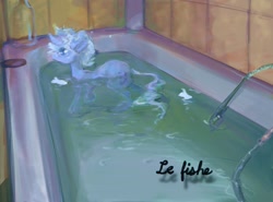 Size: 1233x910 | Tagged: safe, artist:redbirdrabbit, oc, oc only, oc:can opener, pony, unicorn, fish whisperer, vylet pony, bath, bathtub, curved horn, horn, le fishe, partially submerged, solo, water