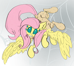 Size: 1932x1734 | Tagged: safe, artist:ponny, fluttershy, bug pony, insect, monster pony, original species, pegasus, pony, spiderpony, g4, colored, fangs, grin, mandibles, multiple eyes, smiling, solo, species swap, spider web, spidershy