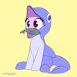 Size: 2000x2000 | Tagged: safe, artist:nutellaenjoyer, sea swirl, seafoam, dolphin, fish, pony, g4, clothes, costume, cute, female, mare, mouth hold, simple background, solo, yellow background