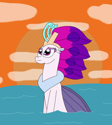 Size: 2420x2712 | Tagged: safe, artist:supahdonarudo, queen novo, seapony (g4), g4, atg 2024, cloud, crepuscular rays, crown, eyebrows, eyelashes, female, fin wings, fins, floppy ears, flowing mane, jewelry, looking up, newbie artist training grounds, ocean, peytral, purple mane, regalia, scales, smiling, sun, sunlight, sunset, swimming, water, wings