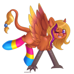 Size: 3000x3000 | Tagged: safe, artist:xcinnamon-twistx, oc, oc:corona lionheart, hippogriff, clothes, commission, ear piercing, earring, jewelry, one eye closed, open mouth, pansexual, pansexual pride flag, piercing, pride, pride flag, socks, thigh highs, wink, ych result, your character here