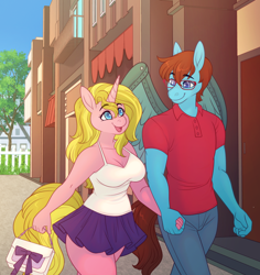 Size: 3472x3680 | Tagged: safe, artist:minettefraise, oc, oc only, pegasus, pony, unicorn, anthro, amputee, anthro oc, artificial wings, augmented, bag, blonde mane, blonde tail, blue eyes, blue jeans, bow, breasts, brown mane, brown tail, building, camisole, cleavage, clothes, cybernetic wings, denim, duo, duo male and female, female, fence, glasses, handbag, holding hands, horn, jeans, long mane, looking at each other, looking at someone, male, male and female, mare, miniskirt, pants, pegasus oc, polo shirt, prosthetic limb, prosthetic wing, prosthetics, skirt, smiling, smiling at each other, stallion, tail, town, tree, unicorn oc, walking, wings