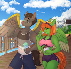 Size: 1670x1613 | Tagged: safe, artist:minettefraise, oc, oc only, bird, pegasus, pony, seagull, anthro, anthro oc, beach, black mane, black tail, boardwalk, breasts, clothes, cloud, complex background, compression shorts, detailed background, duo, duo male and female, female, fence, food, headband, house, ice cream, laughing, male, male and female, mane, mare, ocean, orange mane, orange tail, pegasus oc, short mane, shorts, smiling, spoon, sports bra, spread wings, stallion, tail, tank top, tongue out, walking, water, wing brace, wings