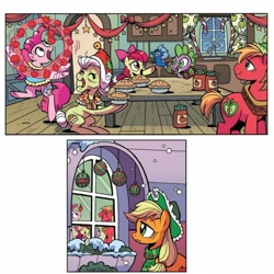 Size: 4020x4020 | Tagged: safe, artist:brenda hickey, idw, official comic, apple bloom, applejack, big macintosh, granny smith, pinkie pie, spike, windy the windigo, dragon, earth pony, pony, g4, spoiler:comic, spoiler:comicholiday2017, applesauce, female, food, lonely, male, mare, pie, sad, stallion, sweet apple acres