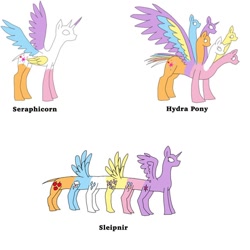 Size: 640x640 | Tagged: safe, artist:veryinsecureperson, applejack, fluttershy, pinkie pie, rainbow dash, rarity, twilight sparkle, alicorn, earth pony, hydra, hydra pony, pegasus, pony, seraph, seraphicorn, g4, colored wings, female, folded wings, fused, fusion, fusion:applejack, fusion:fluttershy, fusion:pinkie pie, fusion:rainbow dash, fusion:rarity, fusion:twilight sparkle, mane six, multicolored wings, multiple wings, no mane, no pupils, no tail, pony centipede, simple background, six heads, sleipnir, spread wings, twilight sparkle (alicorn), wat, what has magic done, what has science done, white background, white eyes, wings