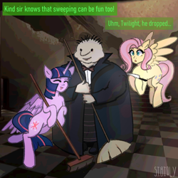 Size: 2000x2000 | Tagged: safe, artist:sibirly, part of a set, fluttershy, twilight sparkle, alicorn, humanoid, pegasus, pony, g4, bipedal, bipedal leaning, broom, butler, checkered floor, crossover, dialogue, eyes closed, female, flying, high res, knife, leaning, lethal company, mare, monster, open mouth, open smile, part of a series, signature, smiling, spread wings, sweeping, sweepsweepsweep, twilight sparkle (alicorn), wings, worried