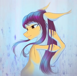 Size: 3041x3000 | Tagged: safe, artist:klarapl, oc, oc only, oc:sandra, earth pony, pony, abstract background, earth pony oc, female, floppy ears, flowing mane, high res, lidded eyes, long mane, looking away, loose hair, mare, raised hoof, raised hooves, sad, solo, yellow eyes