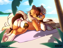 Size: 2600x2000 | Tagged: safe, alternate character, alternate version, artist:erein, artist:yuris, oc, oc only, oc:citrus clove, pony, unicorn, advertisement, beach, book, butt, cloud, collaboration, commission, dock, ear fluff, featureless crotch, female, frog (hoof), horn, looking at you, looking back, looking back at you, lying down, mare, ocean, outdoors, palm tree, plot, prone, sky, smiling, smiling at you, solo, tail, tree, underhoof, water, ych result, your character here