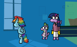 Size: 1165x716 | Tagged: safe, artist:punkittdev, rainbow dash, spike, twilight sparkle, alicorn, dragon, pegasus, pony, g4, season 4, testing testing 1-2-3, bipedal, clone high, female, hooves behind back, looking out the window, male, mare, trio, twilight sparkle (alicorn), window
