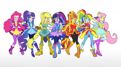 Size: 1536x855 | Tagged: safe, artist:riouku, edit, applejack, fluttershy, pinkie pie, rainbow dash, rarity, sci-twi, sunset shimmer, twilight sparkle, human, equestria girls, g4, boots, cowboy boots, crystal guardian, high heel boots, humane five, humane seven, humane six, ponied up, shoes