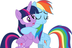 Size: 1446x968 | Tagged: safe, artist:stephen-fisher, rainbow dash, twilight sparkle, alicorn, pegasus, pony, amending fences, g4, bipedal, duo, duo female, female, folded wings, horn, hug, lesbian, ship:twidash, shipping, simple background, transparent background, twilight sparkle (alicorn), wings