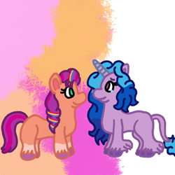 Size: 1500x1500 | Tagged: safe, artist:mintwhistle, izzy moonbow, sunny starscout, classical unicorn, earth pony, pony, unicorn, g5, abstract background, atg 2024, cloven hooves, coat markings, color, colored hooves, colorful, crying, duo, duo female, female, friendship, happy, hooves, hopeful, horn, leonine tail, looking at each other, looking at someone, mane stripe sunny, mare, medibang paint, missing cutie mark, newbie artist training grounds, smiling, smiling at each other, socks (coat markings), tears of joy, unshorn fetlocks, void