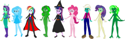 Size: 4038x1284 | Tagged: safe, artist:invisibleink, artist:tylerajohnson352, applejack, fluttershy, pinkie pie, rainbow dash, rarity, starlight glimmer, sunset shimmer, trixie, twilight sparkle, alien, chameleon, dinosaur, ghost, reptile, undead, vampire, werewolf, equestria girls, g4, antenna, bandage, bolts, boots, cape, claws, clothes, dinosaurified, dress, eqg promo pose set, fangs, female, fins, flippers, frankenstein, frankenstein's monster, fur, gills, gloves, glowing, green skin, hairpin, halloween, hat, high heels, holiday, jewelry, lizard creature, monster, mummy, necklace, pants, pointed ears, sharp teeth, shoes, simple background, species swap, stitches, suit, swamp creature, tail, talons, teeth, transparent background, twilight sparkle (alicorn), vest, webbed feet, webbed fingers, witch, witch hat
