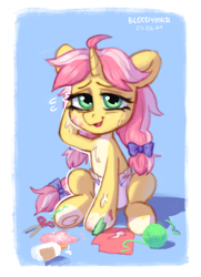 Size: 2054x2841 | Tagged: safe, artist:bloodymrr, oc, oc only, oc:crafty circles, pony, unicorn, abdl, blue background, blue bow, bow, coat markings, commission, diaper, diaper fetish, drawing, embarrassed, female, fetish, filly, filly oc, foal, freckles, glue, green eyes, hair bow, horn, looking at you, non-baby in diaper, not kettle corn, paper, pigtails, pink hair, pink mane, scissors, shy, simple background, sitting, sitting on floor, smiling, smiling at you, socks (coat markings), solo, tail, tail bow, tied mane, tied tail, two toned mane, two toned tail, underhoof, yellow coat