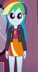 Size: 490x936 | Tagged: safe, artist:qbert2kcat, rainbow dash, human, equestria girls, g4, clothes, clothes swap, jacket, shirt, skirt, solo