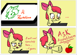 Size: 2042x1462 | Tagged: safe, artist:arielsbx, apple bloom, pony, ask little applebloom, g4, apple, food, one eye closed, solo, tablet, tongue out, wink