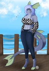 Size: 1916x2798 | Tagged: safe, artist:dragonflaw18, oc, oc only, oc:marisol raena, bird, sea pony, anthro, unguligrade anthro, abs, anthro oc, clothes, cloud, cloven hooves, commission, digital art, dock, female, fence, fin ears, fins, fish tail, flowing tail, hand in pocket, mare, muscles, muscular female, ocean, pants, pier, scales, sea pony oc, solo, sunlight, tail, tank top, water