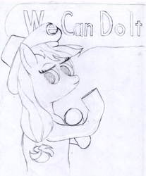 Size: 4927x5955 | Tagged: safe, artist:tesa-studio, applejack, earth pony, pony, g4, applejack's hat, cowboy hat, female, grayscale, hat, looking at you, monochrome, old art, rosie the riveter, sketch, solo, traditional art