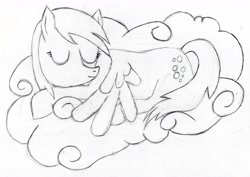 Size: 5060x3573 | Tagged: safe, artist:tesa-studio, derpy hooves, pegasus, pony, g4, cloud, eyes closed, female, grayscale, mare, monochrome, old art, on a cloud, sketch, sleeping, sleeping on a cloud, solo, traditional art, wings