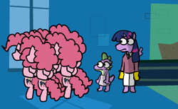 Size: 1165x716 | Tagged: safe, alternate version, artist:punkittdev, pinkie pie, spike, twilight sparkle, alicorn, dragon, pegasus, pony, g4, testing testing 1-2-3, bipedal, clone, clone high, female, hooves behind back, looking out the window, male, mare, multeity, pinkie clone, too much pink energy is dangerous, twilight sparkle (alicorn), window