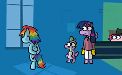 Size: 1165x716 | Tagged: safe, alternate version, artist:punkittdev, pinkie pie, rainbow dash, spike, twilight sparkle, alicorn, dragon, pegasus, pony, g4, season 4, testing testing 1-2-3, bipedal, clone high, fedora, female, hat, hiding, hooves behind back, looking out the window, male, mare, twilight sparkle (alicorn), window