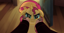 Size: 2000x1037 | Tagged: safe, artist:emeraldblast63, edit, edited screencap, screencap, sunset shimmer, verko, pony, unicorn, g4, my little pony: the movie, character swap, duo, duo male and female, female, floppy ears, frown, furrowed brow, hand on cheek, horn, human pony sunset, human sunset, looking at you, male, mare, narrowed eyes, offscreen character, pov, sunset shimmer is not amused, unamused