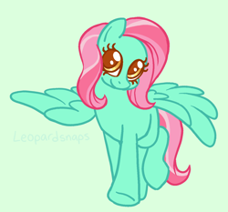 Size: 1296x1208 | Tagged: safe, artist:leopardsnaps, minty breeze, pegasus, pony, g4, female, green background, mare, simple background, smiling, solo, underhoof, walking