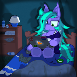 Size: 4000x4000 | Tagged: safe, artist:silvaqular, oc, oc only, oc:cyanette, earth pony, bed, bedroom, blanket, can, chillaxing, closet, clothes, computer, controller, dark, dark room, dress, frown, gaming, heterochromia, jewelry, lamp, laptop computer, lazy, moody, multicolored hair, multicolored mane, multicolored tail, necklace, plate, playstation, playstation 2, relaxing, shading, shading practice, shelf, shirt, sticker, tail, unamused, water bottle