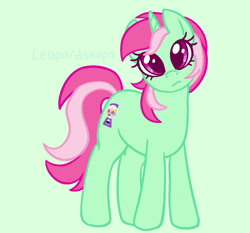 Size: 1296x1208 | Tagged: safe, artist:leopardsnaps, minty bubblegum, pony, unicorn, g4, :i, female, green background, horn, looking at you, mare, simple background, solo, turned head