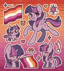 Size: 2700x3000 | Tagged: safe, artist:evelili, twilight sparkle, alicorn, pony, g4, abstract background, autism creature, female, gradient background, horn, lesbian pride flag, mare, pride, pride flag, raised hoof, raised leg, solo, spread wings, standing, twilight sparkle (alicorn), wings