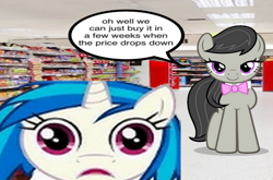 Size: 800x527 | Tagged: safe, artist:epicheavytf2, artist:pyrogaming, dj pon-3, octavia melody, vinyl scratch, earth pony, pony, unicorn, g4, absolutenutcase162, console, duo, duo female, female, horn, irl, looking at you, mare, meme, octavia's bowtie, photo, ponified, ponified meme, shitposting, smiling, smiling at you, speech bubble, supermarket, text, wrong aspect ratio