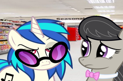 Size: 800x527 | Tagged: safe, artist:epicheavytf2, artist:pyrogaming, dj pon-3, octavia melody, vinyl scratch, earth pony, pony, unicorn, g4, absolutenutcase162, devious, devious smile, duo, duo female, female, horn, irl, looking at you, mare, meme, octavia's bowtie, photo, ponified, ponified meme, shitposting, smiling, smiling at you, supermarket, this will end in death, this will end in murder, vinyl's glasses, worried, wrong aspect ratio