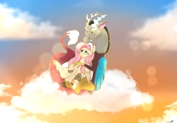 Size: 2048x1423 | Tagged: safe, artist:ginnyregen, discord, fluttershy, draconequus, pegasus, g4, antlers, bright, cloud, duo, duo male and female, female, hooves, horn, hug, interspecies, looking up, male, ship:discoshy, shipping, straight, sunlight