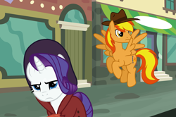 Size: 1899x1262 | Tagged: safe, artist:princesslilybrush, rarity, oc, oc:firey ratchet, pegasus, unicorn, g4, clothes, detective, detective rarity, duo, duo male and female, fedora, female, hat, horn, male, manehattan, trenchcoat