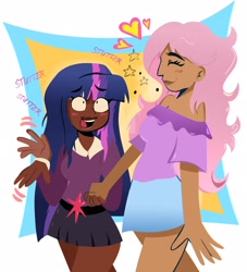 Size: 1860x2048 | Tagged: safe, artist:billtism, fluttershy, twilight sparkle, human, g4, bangs, blush lines, blushing, bracelet, button-up shirt, clothes, cutie mark on clothes, dark skin, dress shirt, duo, duo female, emanata, eye clipping through hair, eyebrows, eyebrows visible through hair, eyelashes, eyes closed, female, floating heart, heart, height difference, holding hands, human coloration, humanized, jewelry, lesbian, long hair, mtion lines, open mouth, open smile, shiny hair, ship:twishy, shipping, shirt, shoulderless, shoulderless shirt, shrunken pupils, skirt, smiling, stuttering, tallershy